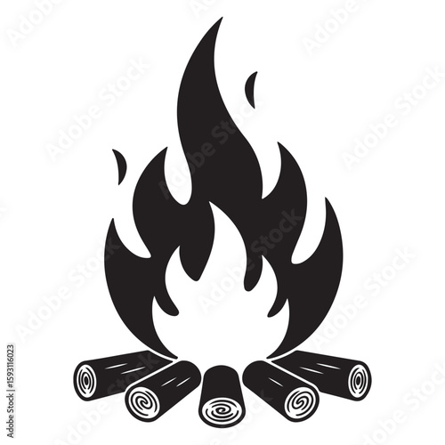 Graphic Black and White Bonfire Illustration Depicting Flames and Logs Arranged in a Campfire Style Arrangement