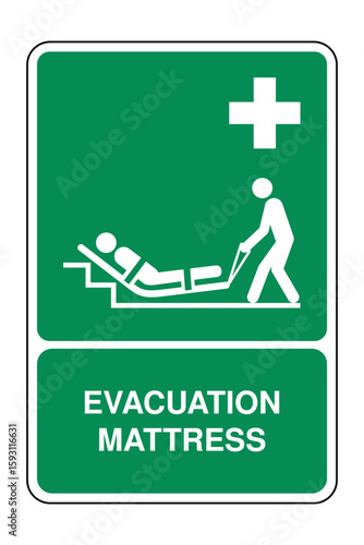 Evacuation Mattress Symbol on Green Safety Sign with Explanation – Emergency Transport Icon for Mobility-Assisted Rescue – High Quality Vectorial Stock Image