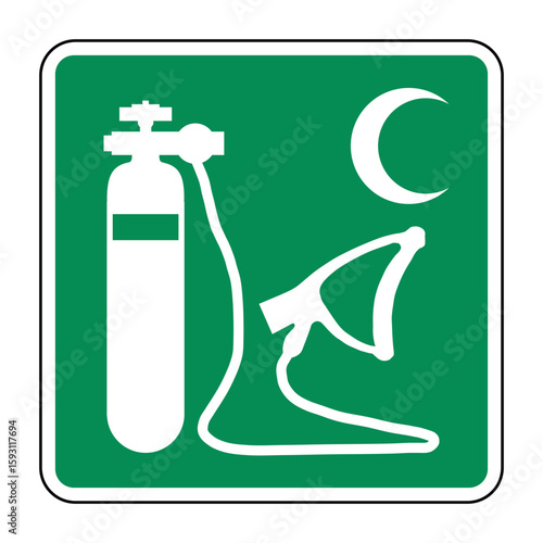 Oxygen Resuscitator – Crescent Variant Symbol on Green Safety Sign – Emergency Medical Breathing Support Icon for Red Crescent Contexts – High Quality Vectorial Stock Image