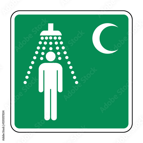 Safety Shower – Crescent Variant Symbol on Green Safety Sign – Emergency Decontamination Icon for Red Crescent-Aligned Facilities – High Quality Vectorial Stock Image