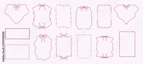 Set of stylish vector borders with decorative bows and flowing lines in magenta color. These elegant frames offer a feminine touch for greeting cards, 
