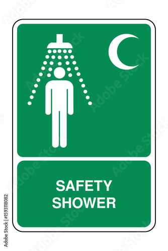 Safety Shower – Crescent Variant Symbol on Green Safety Sign with Explanation – Emergency Decontamination Icon for Red Crescent-Aligned Facilities – High Quality Vectorial Stock Image