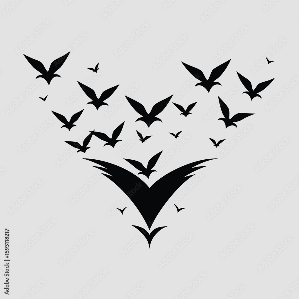 Naklejka premium Pure black design of a group of small birds in flight, forming a V-shape flock, isolated on white background
