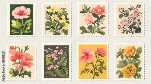 Vintage Floral Postage Stamps Collection