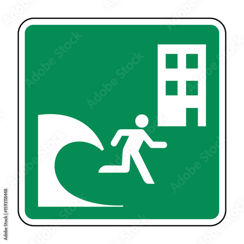 Tsunami Evacuation Building Symbol on Green Safety Sign – Emergency Vertical Shelter Icon for Coastal Disaster Preparedness – High Quality Vectorial Stock Image
