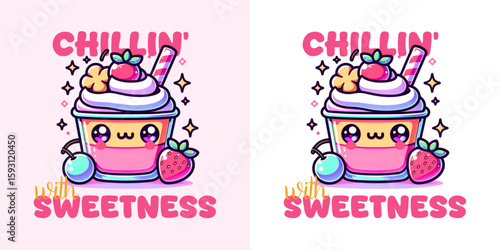 Chillin' Sweetness: Delightful illustration of a pink, kawaii-style milkshake or smoothie with vibrant strawberry garnish, capturing the essence of a sweet and cheerful experience.