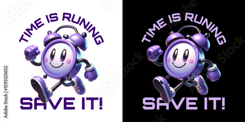 Clock Race Against Time: A playful cartoon character, a cheerful alarm clock, races energetically, emblazoned with the urgent message Time is Running. A visual metaphor for deadlines.