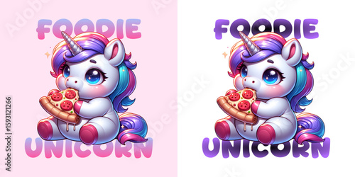 Foodie Unicorn: An enchanting unicorn with a pizza slice. Perfect for illustrating charm. 