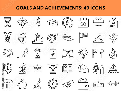 Goals and achievements icon set featuring 40 diverse symbols  