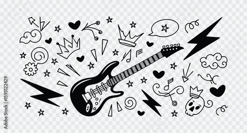 Electric guitar doodle surrounded by rock and roll symbols