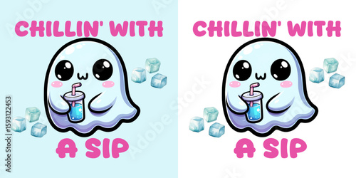 Whimsical Ghostly Delight: A charming illustration of a cartoon ghost enjoying a refreshing sip of beverage, surrounded by ice cubes. The scene exudes a sense of lightheartedness and playful cheer.