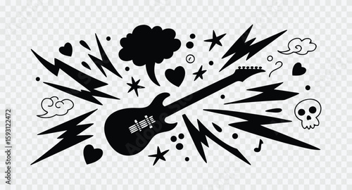 A black and white doodle of a guitar with rock elements
