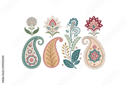 Kashmiri New Flower Color vector on white background.04