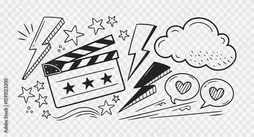 A doodle of a clapperboard with movie and music elements