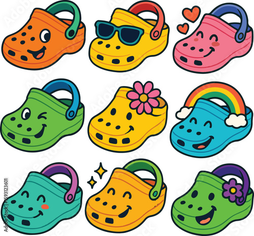 Adorable and colorful cartoon clog designs perfect for children's wear and playful illustrations.