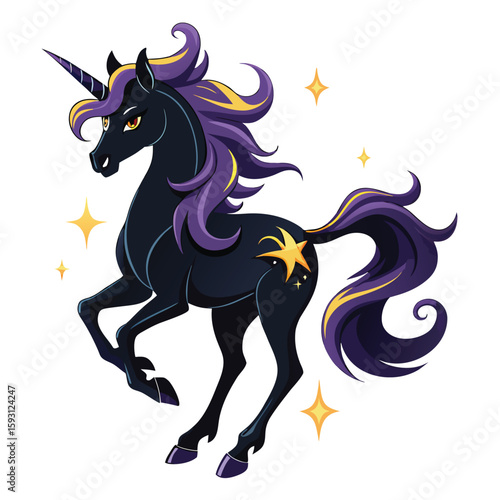 Pure black design of a prancing unicorn with flowing mane and star decorations, isolated on white background. 