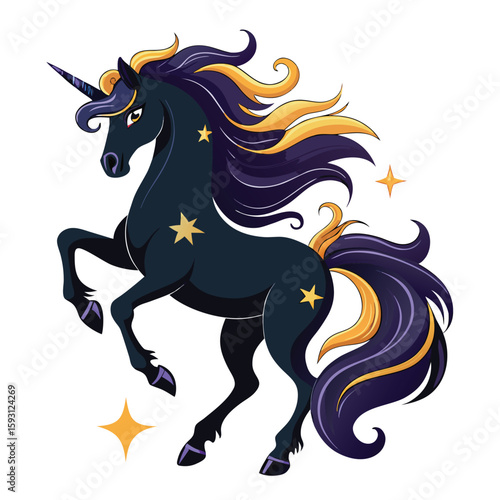 Pure black design of a prancing unicorn with flowing mane and star decorations, isolated on white background. 