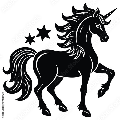 Pure black design of a prancing unicorn with flowing mane and star decorations, isolated on white background. 