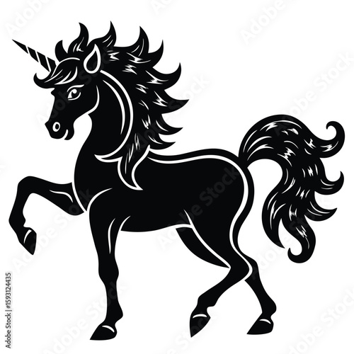 Pure black design of a prancing unicorn with flowing mane and star decorations, isolated on white background. 