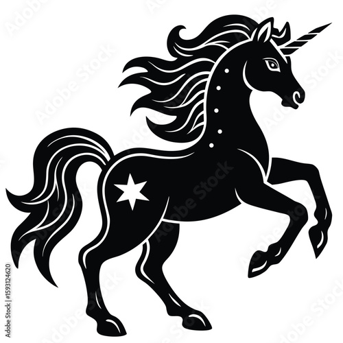 Pure black design of a prancing unicorn with flowing mane and star decorations, isolated on white background. 
