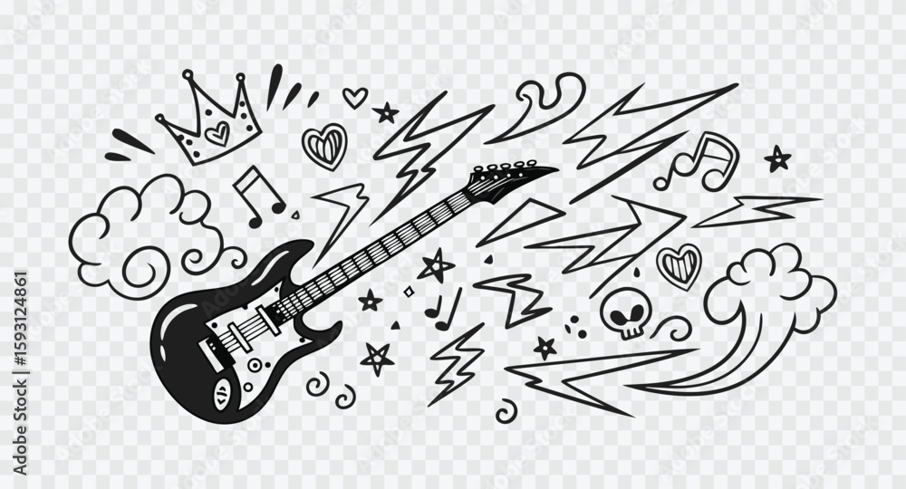 Obraz premium Black and white sketch of an electric guitar with music elements