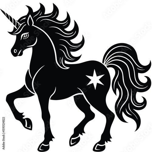 Pure black design of a prancing unicorn with flowing mane and star decorations, isolated on white background. 