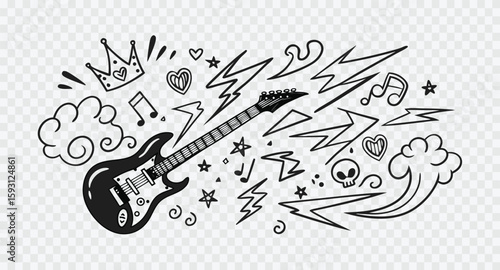 Black and white sketch of an electric guitar with music elements