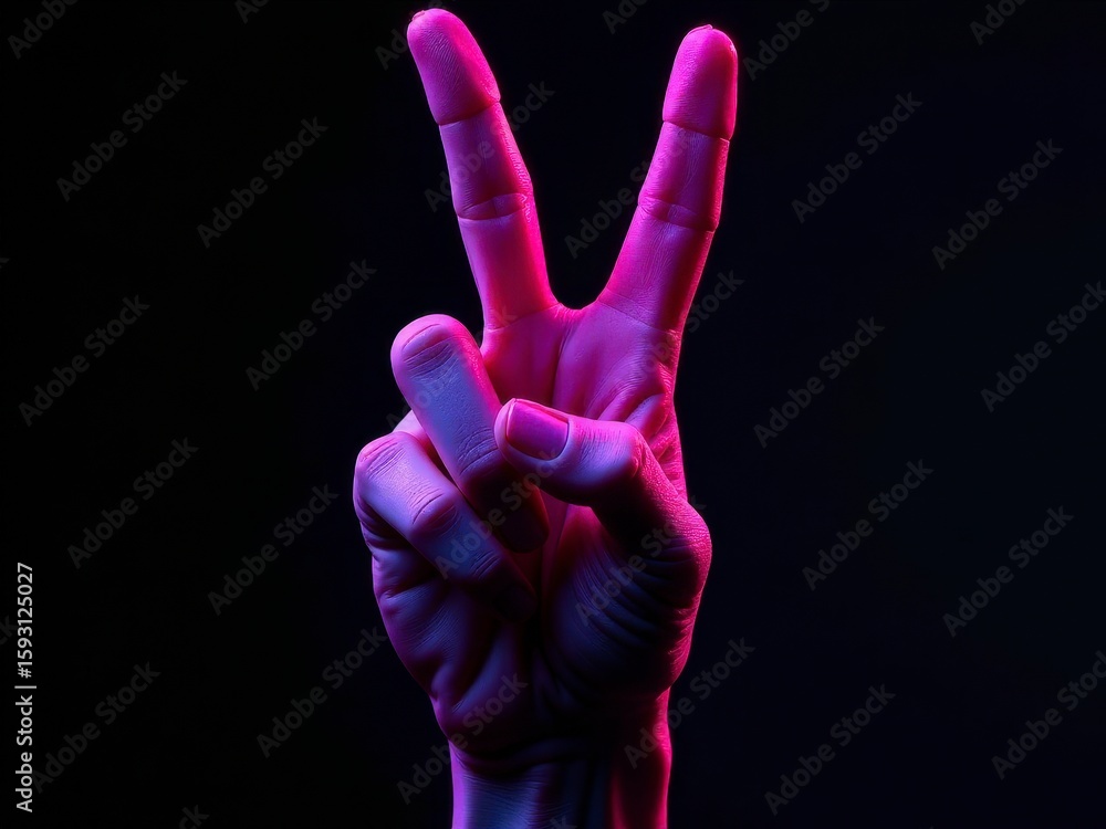 Obraz premium A hand displays the peace sign with colorful pink and blue lighting against a dark backdrop.