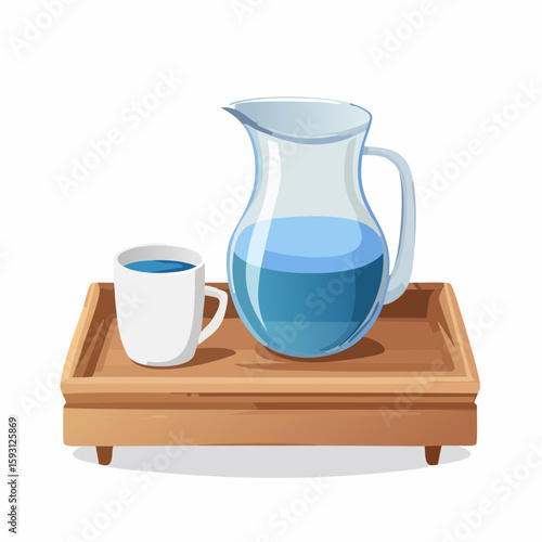 Bedside water carafe – Glass carafe with cup placed on a nightstand tray.
