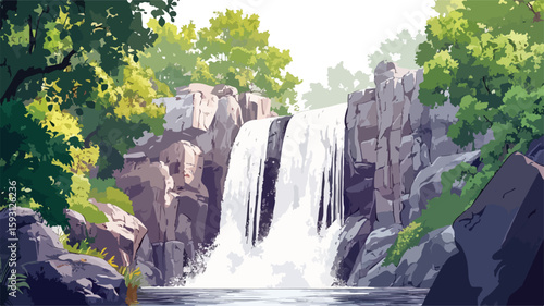 Tranquil waterfall in forest center view