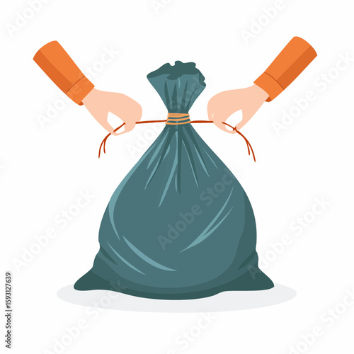 Trash bag being tied – Garbage bag being cinched and tied into a knot.
