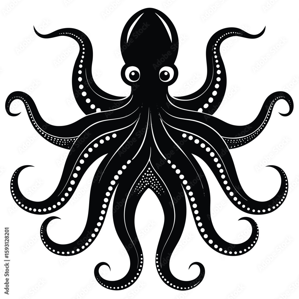 Fototapeta premium Pure black design of an octopus in top-down view with curling tentacles spread out, isolated on white background