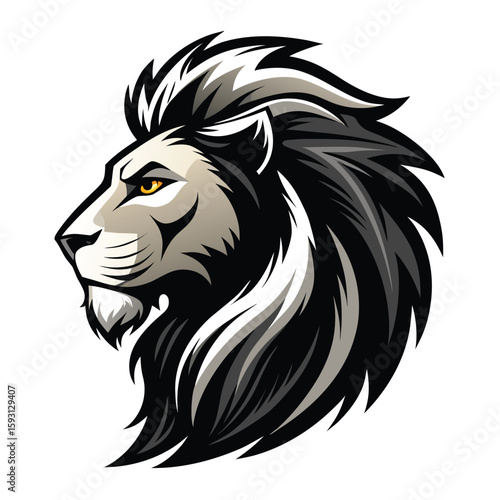  Pure black side profile of a majestic lion head with bold mane in a sharp, clean logo style, isolated on white background. 