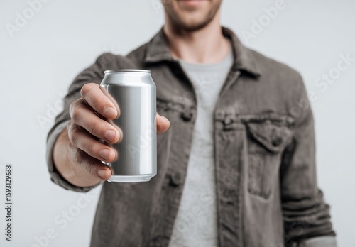 Close-Up of Man Holding Blank Silver Drink Can Mockup on White Background – Casual Style, Front View