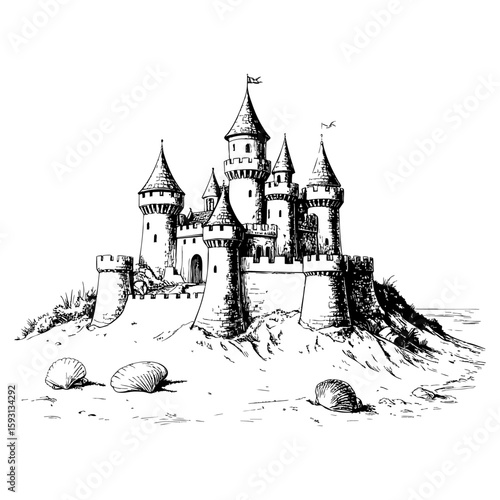 Vintage Sand Castle – Beach Fortress in Copperplate Engraving Style