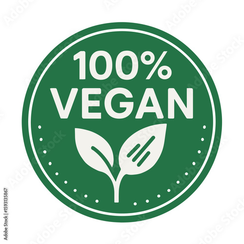 This image showcases a 100% vegan badge with leaves, perfect for plant-based products. Modern flat vector sticker label with icon and badge style, transparent background