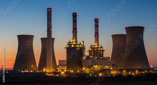 Illuminated Power Plant at Dusk: Industrial Majesty and Atmospheric Glow.