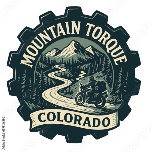 A vintage design showcasing a motorcycle journey through the Colorado mountains, embracing adventure and travel. Vintage vector biker emblem badge patch, retro design, transparent background