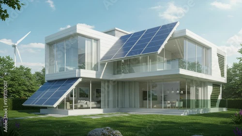 Wallpaper Mural Contemporary Home with Solar Panels and Wind Turbine Nestled in Lush Green Landscape Represents Sustainable Energy Solutions for Modern Residential Design Torontodigital.ca