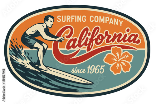 Vintage California surf company logo with a surfer and hibiscus flower. Modern flat vector sticker label with icon and badge style, transparent background