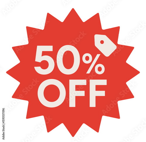 Bold 50% off sale announcement on a vibrant red starburst design. Modern flat vector sticker label with icon and badge style, transparent background