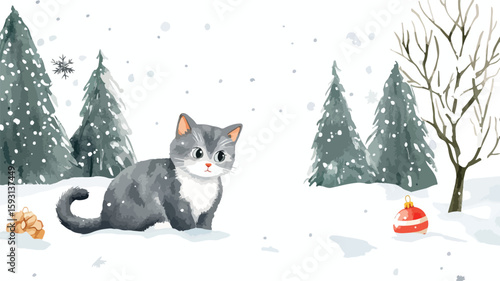Festive Winter Cat Snow Scene