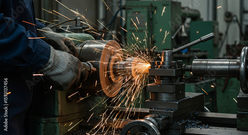 Metal Lathe Sparks: Precision Machining in Industrial Workshop Gloved Hands.