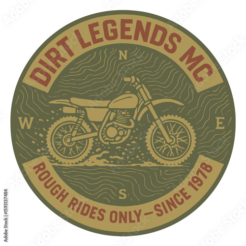 The dirt legends mc logo showcases a vintage dirt bike and rugged style, since 1978. Vintage vector emblem badge patch, retro design, transparent background