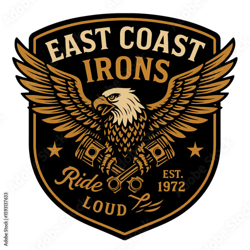 The East Coast Irons motorcycle club logo features an eagle, pistons, and classic design elements. Vintage vector emblem badge patch, retro design, transparent background