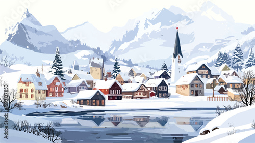 Festive Winter Town Building Border Illustration