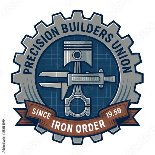 The Precision Builders Union logo is a symbol of skilled craftsmanship and engineering expertise. Vintage vector emblem badge patch, retro design, transparent background
