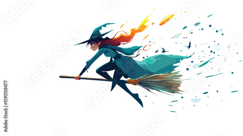 Witch Flying on Broomstick Cartoon Illustration