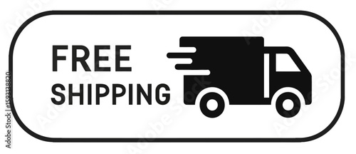 The image showcases a "Free Shipping" icon with a truck. Modern flat vector sticker label with icon and badge style, transparent background