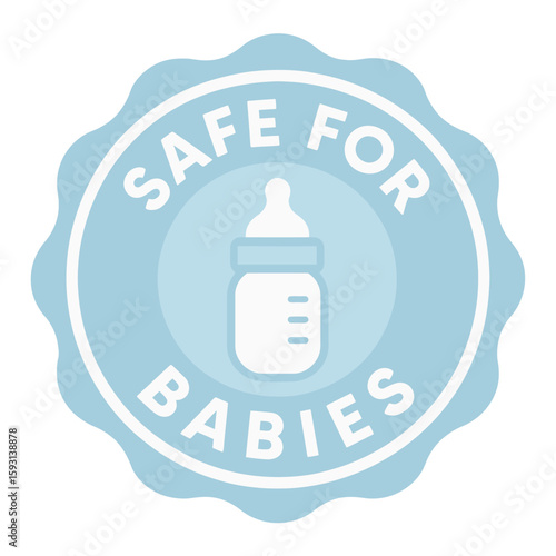 A badge proclaiming a product is safe for babies, featuring a baby bottle symbol. Modern flat vector sticker label with icon and badge style, transparent background